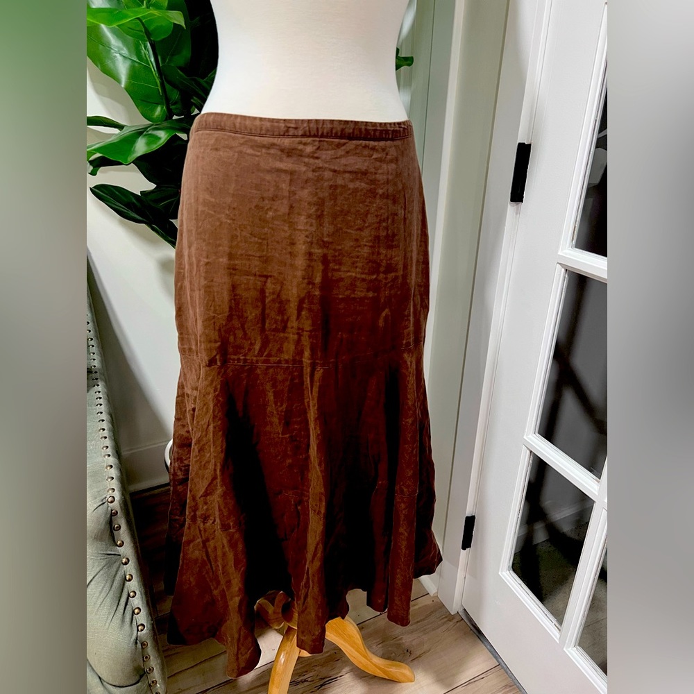 Brown 100% flowy linen midi skirt